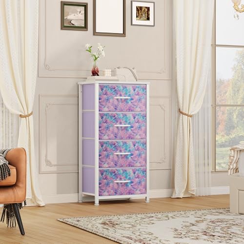 DWVO Dresser with 4 Drawers - Storage Tower Unit, Dresser for Room, Living Room, Closets - Sturdy Steel Frame, Wooden Top & Easy Pull Fabric Bins,Purple