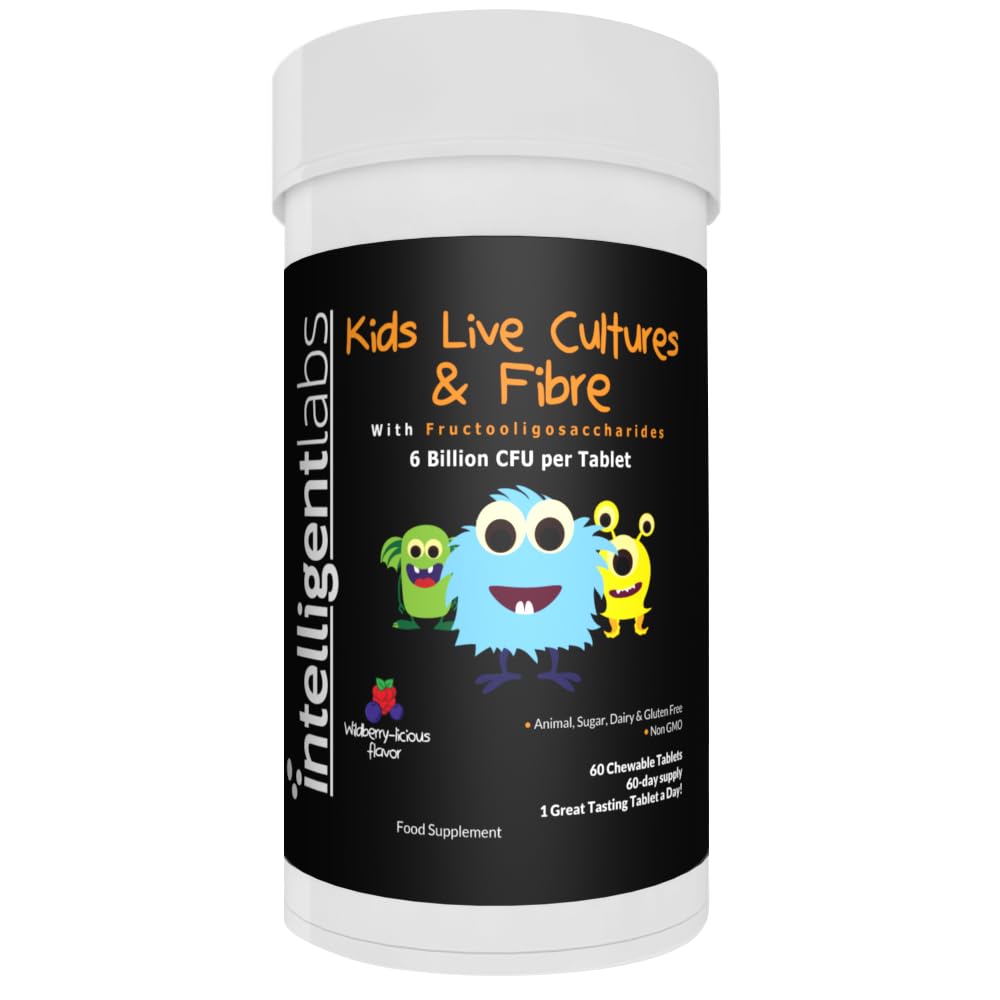 6 Billion CFU Kids/Children's Live Cultures and Fiber with PHGG & FOS, Once-Daily Chewable, Great Taste, 10x Effectiveness, 60-Day Supply, Third-Party Verified