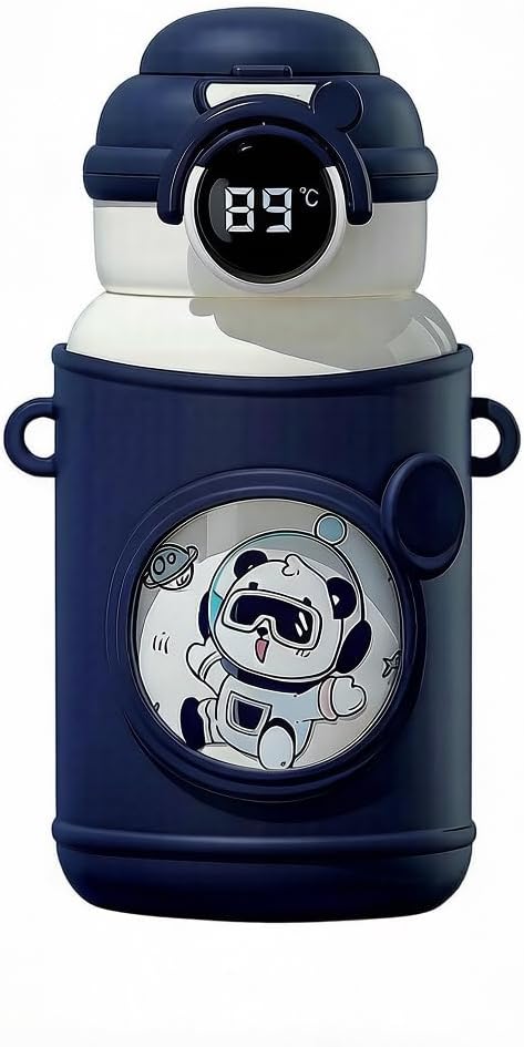 Kids Stainless Steel Water Bottle with Temperature Display, Cute Cartoon Design, Portable with Shoulder Strap (blue) Insulate for 8-12 hours