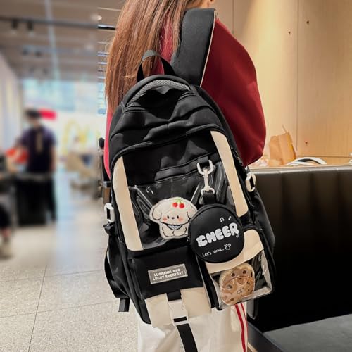 Teclado Kawaii Backpack with Cute Accessories Nylon Casual Bookbags with Pendants Lightweight Laptop Bag Travel Daypacks (Black)3