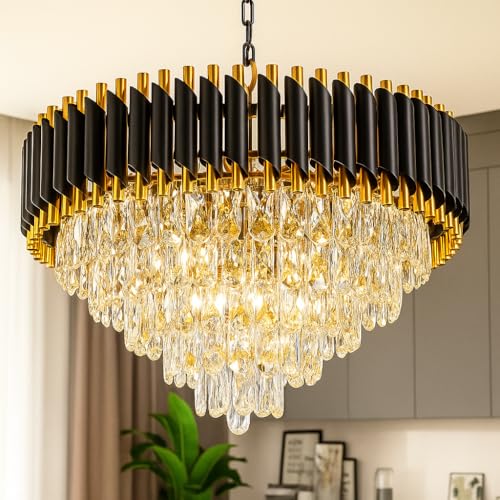 Image of TRIXY Chandeliers Lights for Ceiling Black Gold Round Crystal Pendant Light Lamp | 5 Tier, K9 Crystal 600mm Stylish Jhoomar Fixture for Bedroom, Dining Room, Living Room Interior Lighting