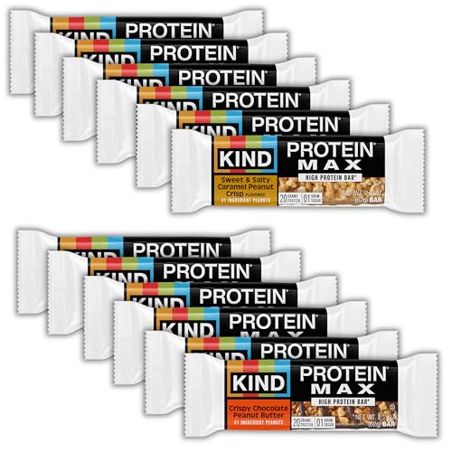 KIND Protein MAX Variety Pack, High Protein Bars, Keto Snacks, 1g Sugar, 20g Protein, (6) Crispy Chocolate Peanut Butter (6) Sweet & Salty Caramel Crisp, 12 Count Pack