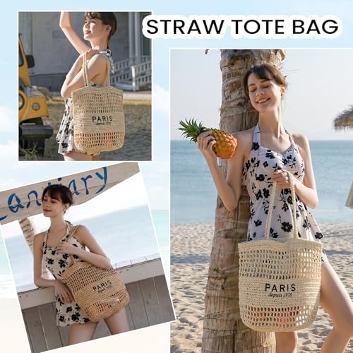 Image of Pleneal Beach Bags for Women - Women Beach Tote Bag, Summer Mesh Hollow Straw Tote Bag for Holiday Market