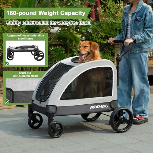 Image of Dog Stroller for Large & Medium Dogs, Dual Entry, 160 lbs Capacity, Gray | Folding Pet Stroller, Adjustable Handle, All-Terrain 4-Wheel, Breathable Mesh & Built-in Safety Leash for Outdoor Trips