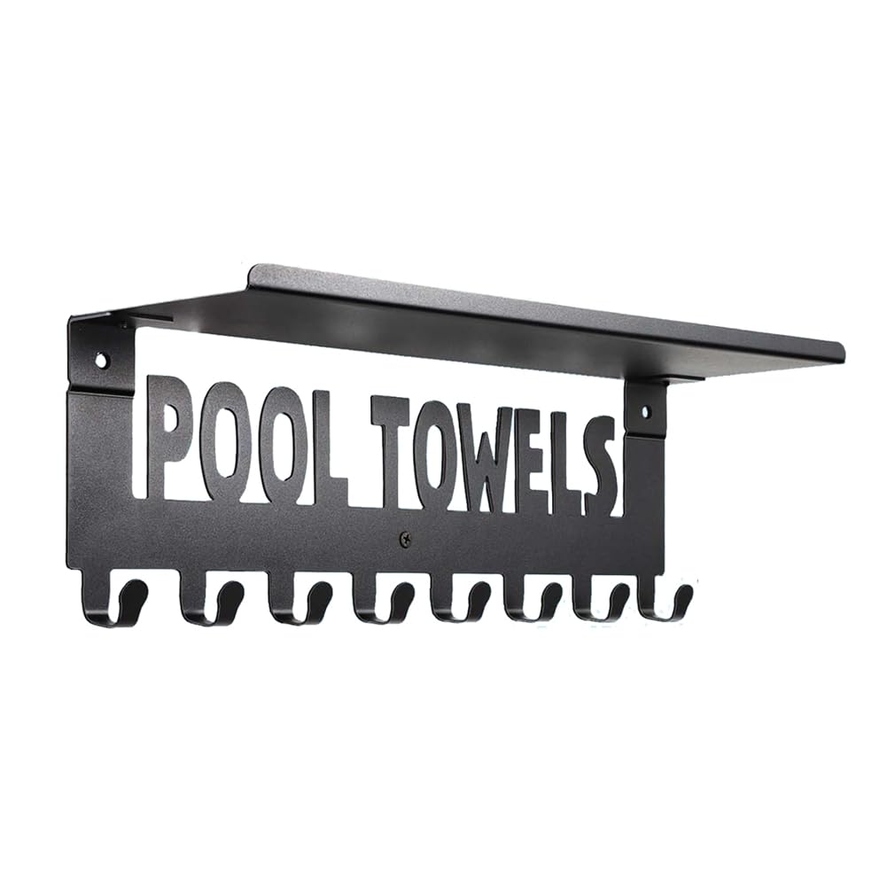 Sctecoau Black Pool Towel Racks With Shelf Outdoor Pool Decor Wall Mount Towel Hooks Towel Holder With 8 Hooks Towel Storage Hanger