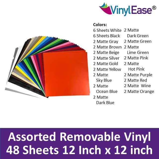 Vinyl Ease 12" x 12" - 48 Sheets of Assorted Matte Colors of Removable Adhesive Backed Vinyl for Craft Cutters, Punches and Vinyl Sign Cutters - V0104