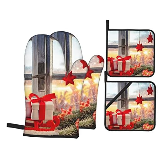 God jul bilder tryck ugnshandskar, värmebeständiga ugnsvantar och grythållare, halkfri med 2 värmeisolering grytunderlägg, kök, grillning, matlagning, bakning (4-delat set)