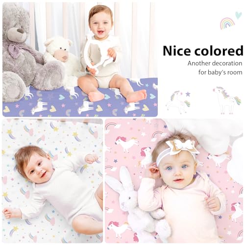 Image of Baby Crib Sheets Girl, 3 Pack Toddler Bed Sheets for 52 inchx28 inch Standard Toddler Mattresses, Soft Microfiber Fitted Crib Sheets Pink Purple Rainbow