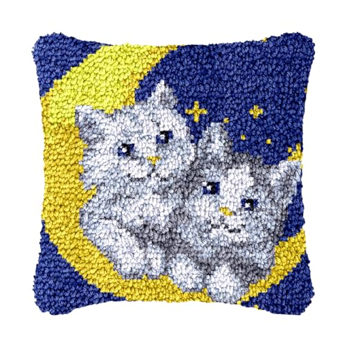 Image of bositigo Latch Hook Kits for DIY Throw Pillow Cover, Colorful Handmade Pillow Case for Home Decoration, Festival Gift 17x17inch (Moon Cat1)
