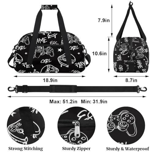 Kids Overnighter Duffel Bags for Boys Girls, Gamer Gamepad Carry-On Size Sports Gym Bag for School Practice or Overnight Travel Weekender Sleepover Workout Tote Bag2