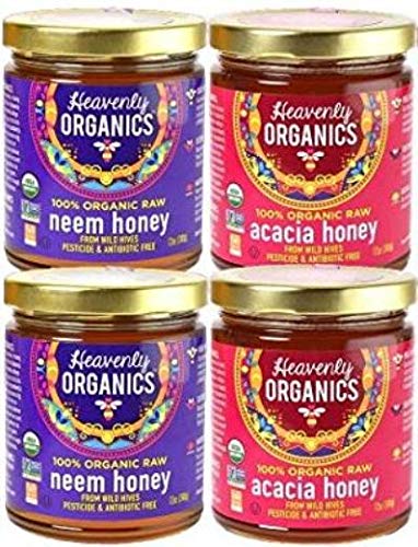 Heavenly Organics 100% Organic Raw Honey Variety - Neem Honey and Acacia Honey (Pack of 4)