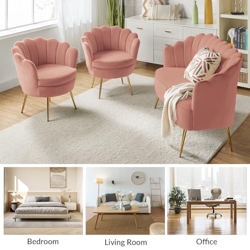 Image of HULALA HOME 3 Piece Velvet Living Room Furniture Set, Including Loveseat & 2 Sofa Chairs, Modern Comfy Upholstered 2-Seater Sofa & Accent Chair Set for Bedroom, Flower Shaped Back & Gold Legs, Pink