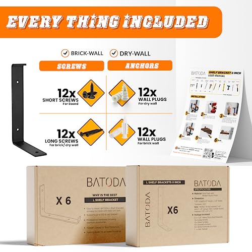 BATODA 8” Shelf Brackets with Lip (Match 7.25\" Board) - 6 Pcs J Shelf Bracket Black - Heavy Duty Hook Brackets for Shelves - Wall Mounted Support for DIY - Shelving Hardware Included (Pack 6)
