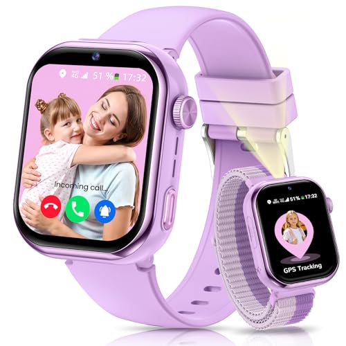 4G Montre Connectée Enfant, Montre Telephone Enfant avec GPS, Appel Vidéo, Chat Vocal, Double Caméra, SOS, Mode École, Podomètre, Réveil, Appareil Photo,...