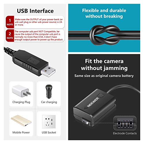 Image of Neewer DC Coupler Replacement for NP-FW50 Dummy Battery Power Adapter with USB Cable Compatible with Sony A7 A7R A7S A7II A7RII A7SII A6500 A6400 A6300 A6100 A6000 NEX5 NEX7 DSC-RX10 II III IV