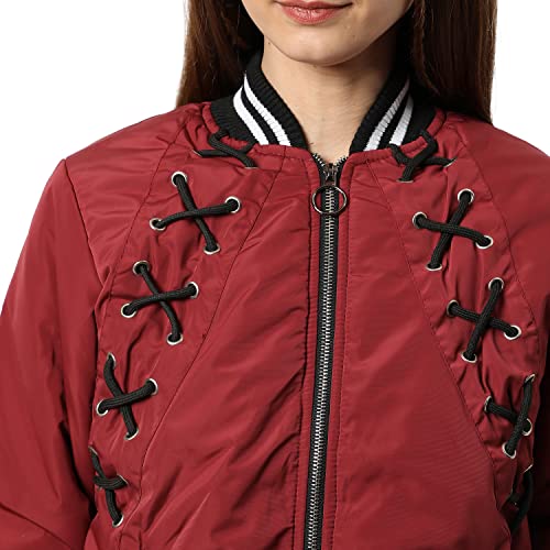 Image of Campus Sutra Women Red Puffer Regular Fit Bomber Jacket For Winter Wear | Low-Cut Standing Collar | Full Sleeve | Zipper | Casual Jacket For Woman & Girl | Western Stylish Jacket For Women