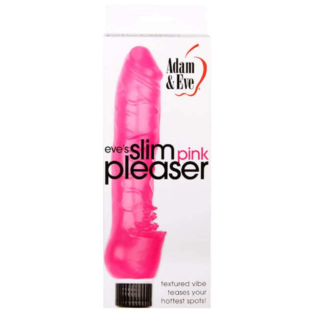 Consolador vibrador rosa Adam and Eve Slim Pleaser, realista, funciona con pilas, estimulador de empuje, insertable, juguete sexual femenino, resistente al agua, potente vibración para el clítoris, anal, punto G, compacto y discreto.