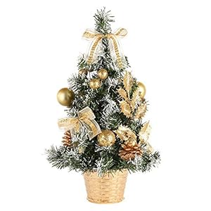 Lovimoon Kerstboom 40 cm, voorverlichte versierde kerstboom voor thuis, kerst-desktop-decoratie boom met sokkel voor huishoudtextiel, goud