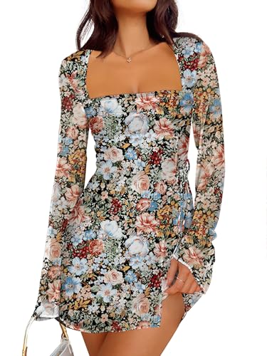Caracilia Womens Sexy Mesh Ruched Mini Dresses Long Sleeve Square Neck Tie Fall Club Party Cocktail Short Dress 2025 Fashion Multi Floral Small