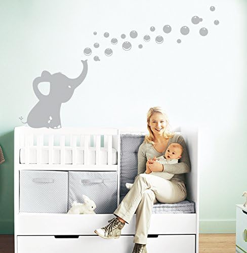 MAFENT One Lovely Elephant Blowing Bubbles Wall Decal Vinyl Wall Sticker for Baby Nursery and Kids Room Wall Decorations (Grey,Right)