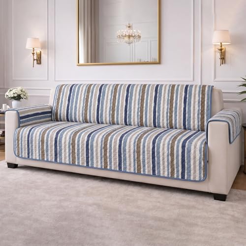 Image of STITCHNEST 'CloudFeel Series' Quilted Printed Velvet Sofa Cover for 3 Seater | Premium Soft Velvet Sofa Protector | Blue Striped Design with Armrest Pockets | Furniture Cover