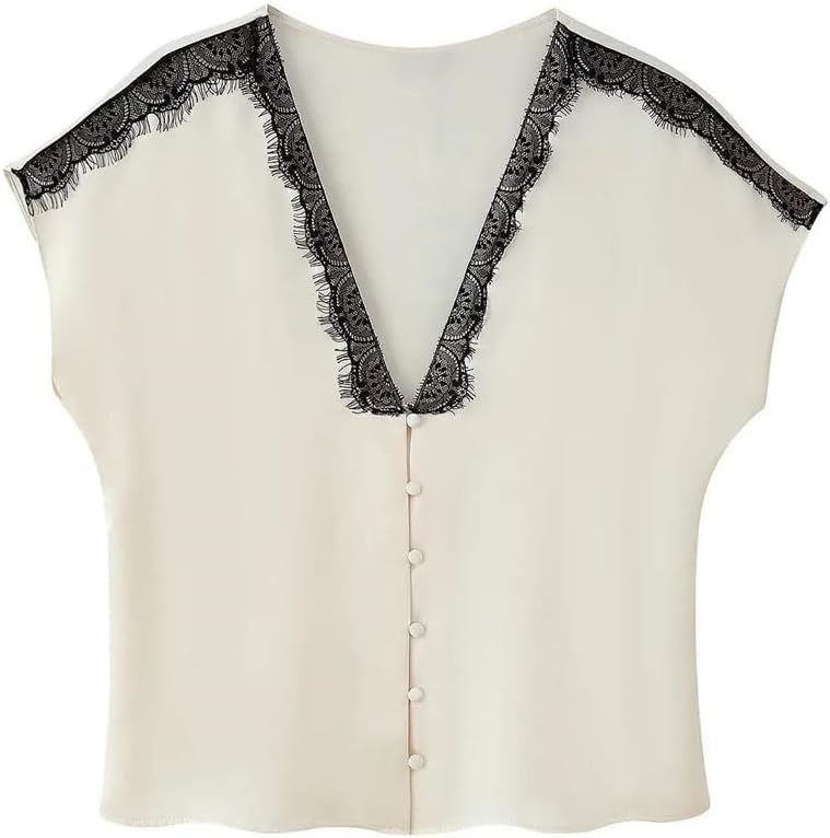 Women's Elegant Satin Lace Shorts Set V-Neck Short-Sleeved Shirt Mini Shorts