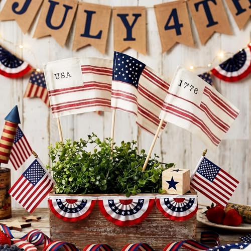 Breling 6 Pack 250th Anniversary Small American Fabric Flags on Stick, Patriotic Vintage Flags 4''x6'' Rustic Mini American Flag for 4th of July, Independence Day, 250th Anniversary, Patriotic Decor
