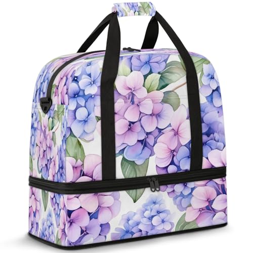 Flower Purple Hydrangea Travel Duffel Bags for Women & Men Large Sports Gym Bags Foldie Weekender Overnight Bag Carry On Tote Bag With Shoe Compartment Personal Item Luggagefor Travel Sports Gym
