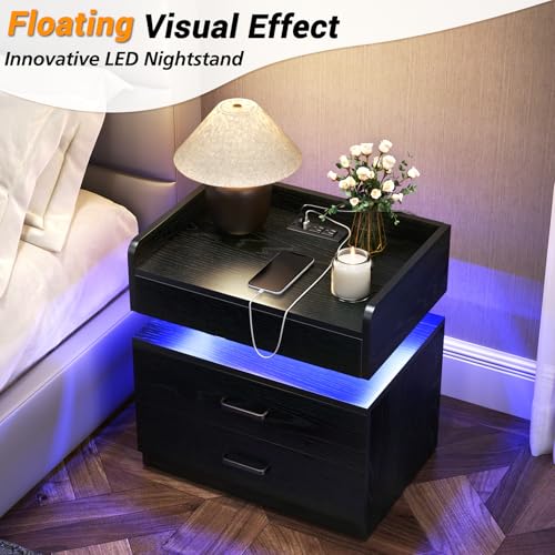 TC-HOMENY-Floating-Nightstand-with-2-Drawers-LED-Nightstand-with-Voice-Activated-Mode-Side-Table-End-Table-with-Charging-Station-Black