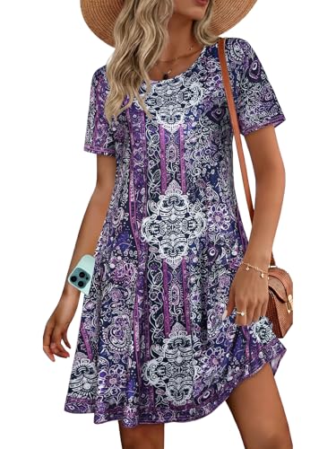 Image of Womens Summer Dresses Beach Casual Loose Tshirt Floral Short Sleeve Flowy Pockets Sundresses 2026