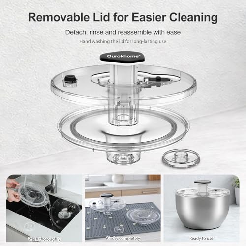 Ourokhome 6.3 QT Stainless Steel Salad Spinner, Large Lettuce Spinner with One-Hand Press Pump, Brake Button, Non-Slip Base and Retractable Handle, Vegetable Washer & Dryer for Greens, Fruits and Herb - Image 5
