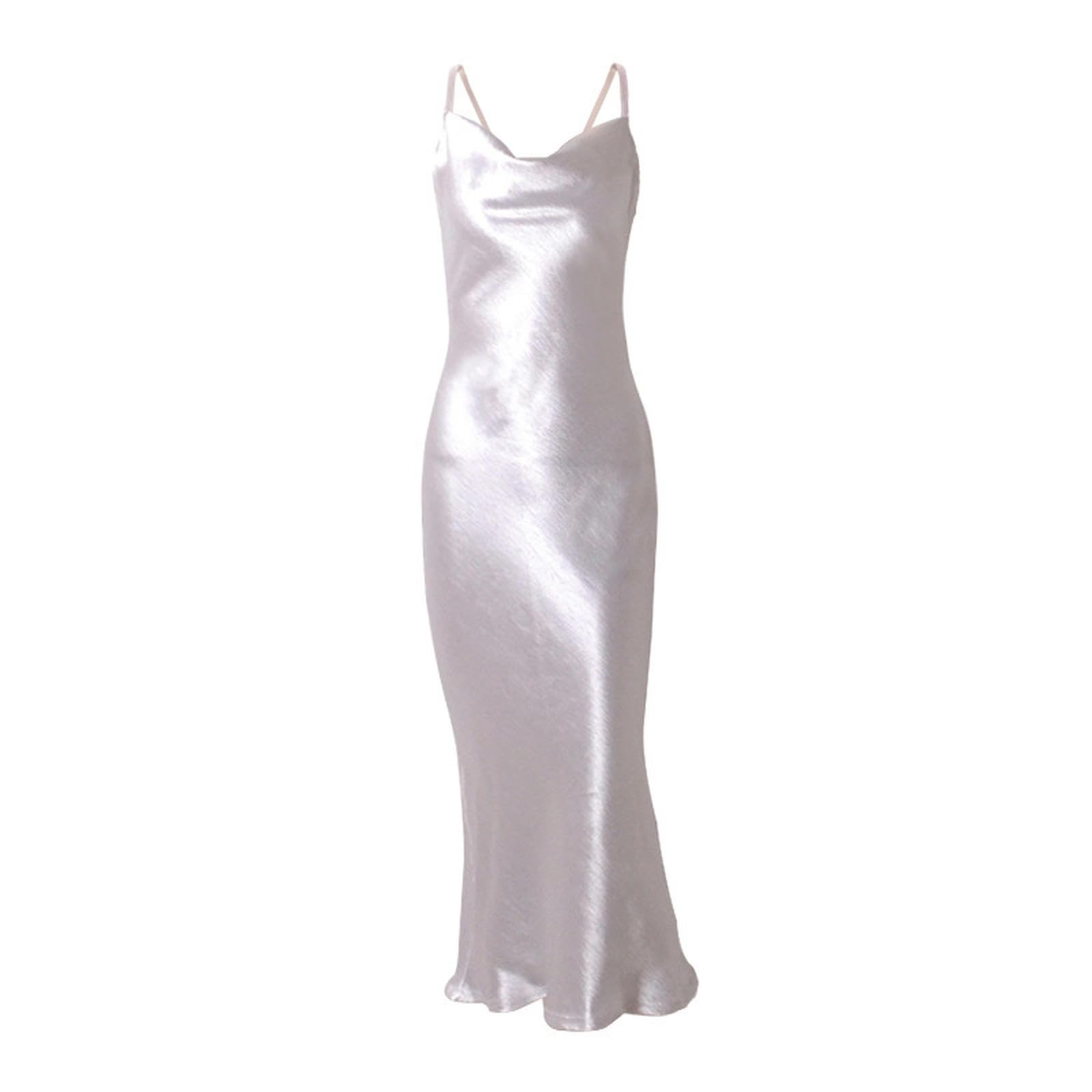 Camisón Largo de Cola de pez de satén con Tirantes Europeos y Americanos de Verano Vestido de mujer-8151-2 Blanco-S