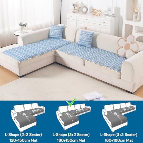 Image of HOKIPO L Shape (3+2 Seater) Sofa Cover Seat Mat | 300 GSM Cotton Acrylic Jacquard Fabric with Tassel, 'Trivana Series' Aqua Blue (IN-936+935-J7)