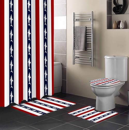 Coastal Shark Bathroom Set with Shower Curtain and Rug Accessories - 36x72 Inches Long Ocean Red Navy Blue White Stripe Geometric Stall Curtain Waterproof with Large Bath Mat,Washable Runner Rug Set
