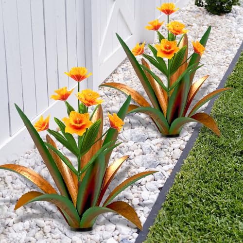 Image of TOMBABY Huge Metal Agave Plants Outdoor Decoration Outdoor Garden Decorated with Flowers Mexican Yard Art Plant Garden Gift (Green 2 Pack)