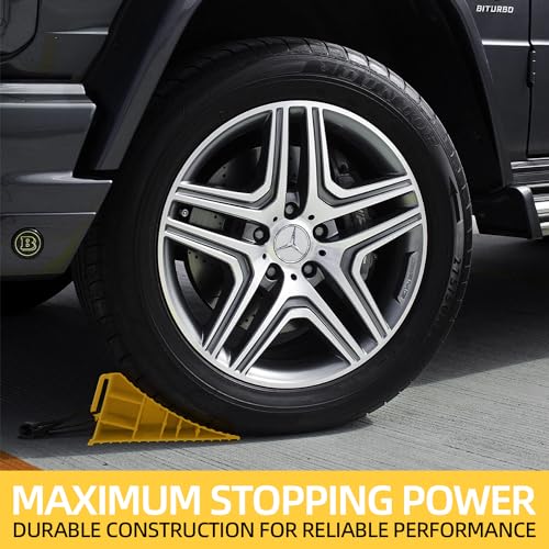 Image of Homeon Wheels RV Camper Large Wheel Chocks Extra Wide with Handle and Rope for Travel Trailers, Cars, Tire Chocks Blocks 2 Packs Hard Plastic Heavy Duty(Yellow)