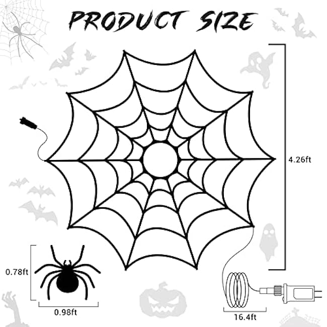 Lomotech Spider Web Lights with Black Spider, 4.26FT Diameter 84 LED Orange Purple Web Lights with 8 Modes, Waterproof with Timer Plugin for Halloween Decorations