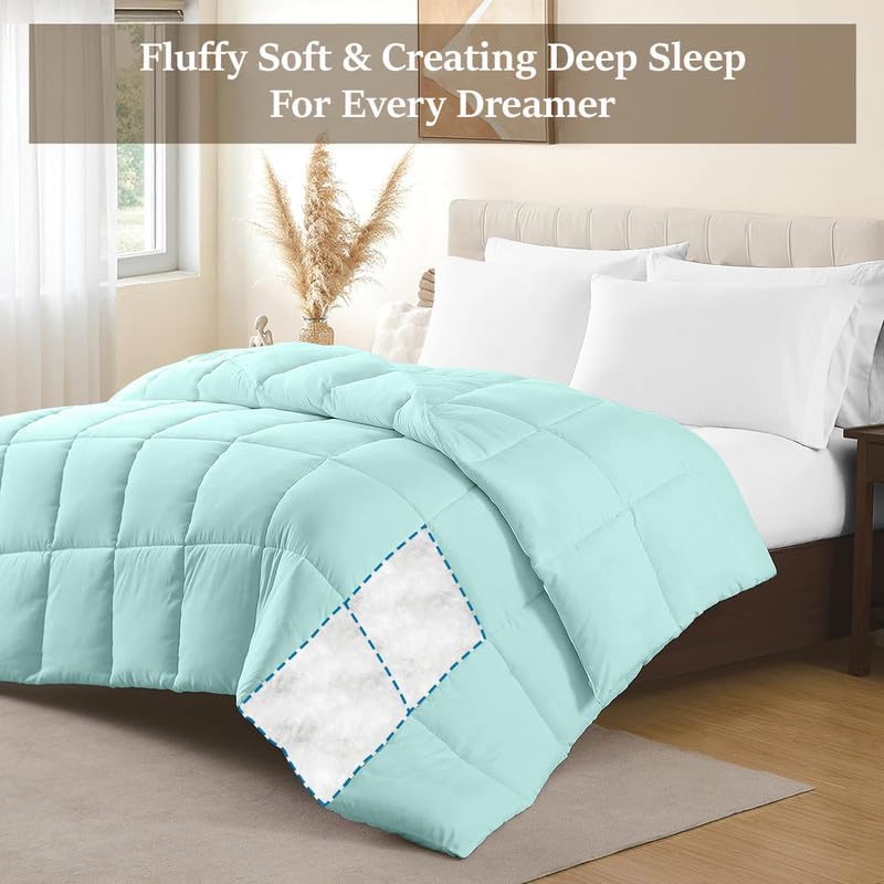 200 GSM All Season 1-Pcs Reversible Comforter Quilted Box Stitched with Corner Tabs 400 Thread-Count 100% Egyptian Cotton Base Color Aqua Blue Solid Size Queen (90"x90")