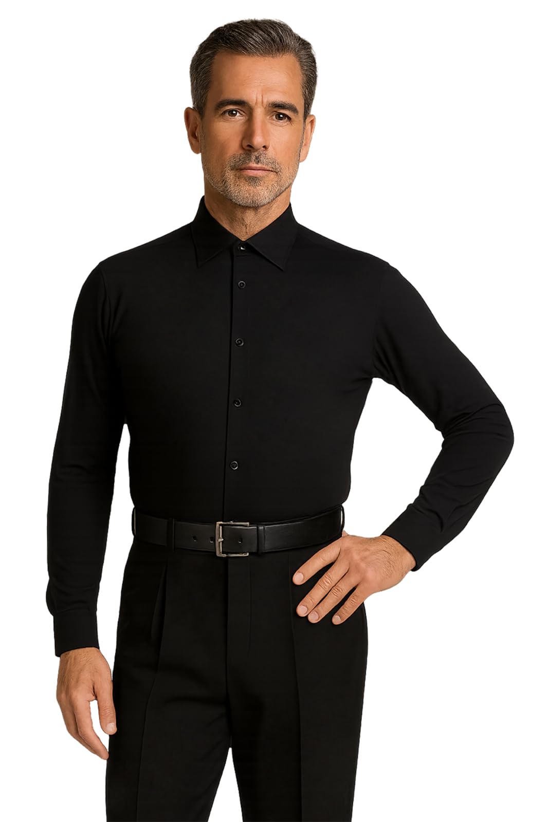 Camicia Body Chicago Slim Fit Uomo per Ballo da sala e Danza Standard e Latino Americano, Maniche Lunghe, Collo Rigido con Stecche, Tessuto Tecnico Traspirante, Bianco e Nero