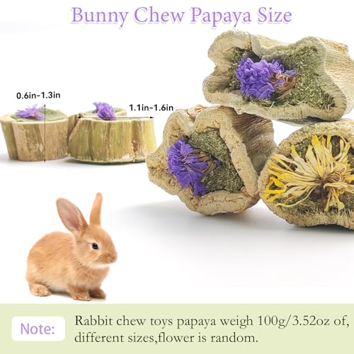 Image of Natural Rabbit Chew Toys,Papaya Wood Sticks Organic Rabbit Treats with Timothy Hay Cakes and Dried Flower Rabbit Enrichment Toys for Guinea Pig Teeth Grinding (3.52 OZ / 100g)