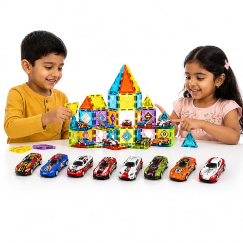 Image of Magnetic Building Blocks for Kids, 3D Magnetic Construction Set, STEM Educational Learning Toy, Creative Building & Pretend Play Toy for Boys & Girls, 3+ Years (65 PCS Mini Car Magnetic Tile Set)