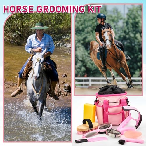 Cunhill 9 Pcs Horse Grooming Kit Tack Room Supplies Set with Tote Bag, Oval Massage Curry, Hard and Soft Brush, Hoof Pick, Sweat Scraper, Bathing Sponge, Comb for Horse Rider(Classic,Pink) - Image 5