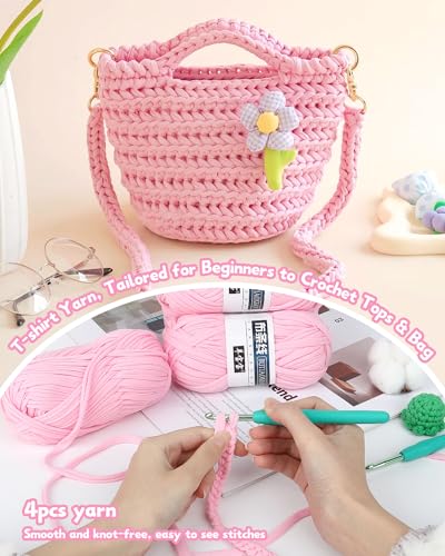 Image of Katech 400g T Shirt Yarn for Crocheting, Elastic Fabric Yarn for Bag-Pink
