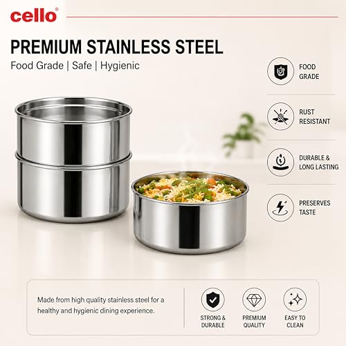 Image of CELLO Newton 3 Tier Compartment Stainless Steel Electric Lunch Box For Office Use, Beige | Shock Proof & Cool Touch Outer Body, Rubber Grip Lift Handle Leakproof Stainless Steel Electric Lunch Carrier