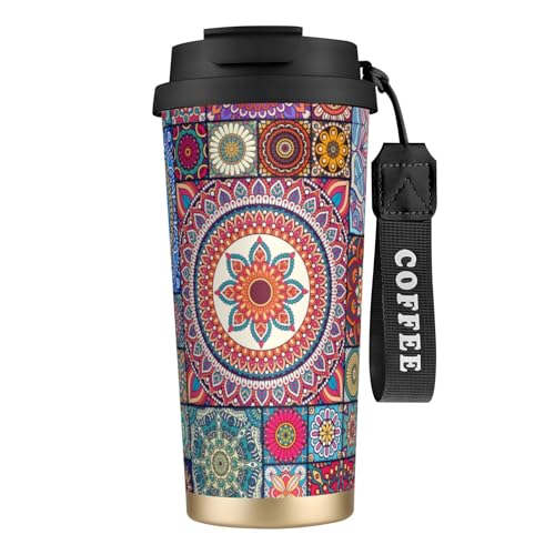 タンブラー エスニック柄 マンダラ柄 曼荼羅 マグボトル コーヒーカップ 水筒 保温 保冷 ウォーターボトル 蓋付き ストロー付き 直飲み おしゃれ プレゼント