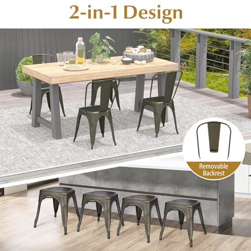 Image of COSTWAY 18 inch Dining Chair Set of 4, Stackable Metal Chairs with Removable Backrest, Home Industrial Bar Chairs Set with High Backrest, for Kitchen, Dining Room, Cafe Bar, Outdoors (Gun Gray)