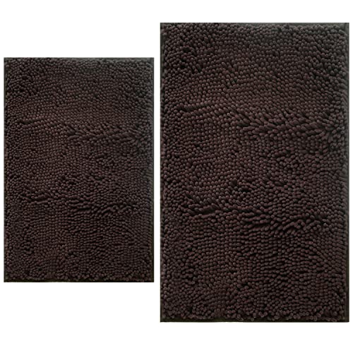 Image of Bathroom Rugs Sets 2 Piece, Extra Soft Chenille Bath Mat Ultra Absorbent Bathroom Rug, Bathroom Mat with Sturdy PVC Non-Slip Bottom, Machine Washable Bath Rugs (20x32 Inch + 16x24 Inch, Coffee)