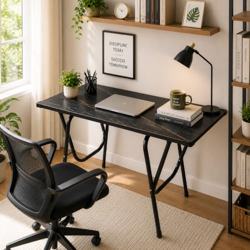 Image of Folding Study Table for Home, Office, 36x24 inches | Foldable Computer Desk with Engineered Wood Top, Heavy-Duty Metal Frame | Portable Laptop & Writing Table | Black Marble Finish
