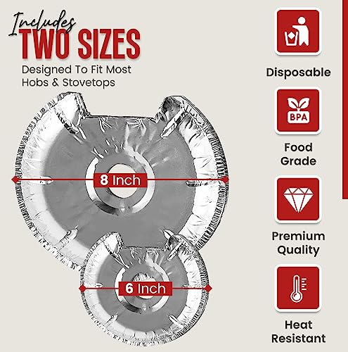 Heavy-Duty Aluminum Electric Stove Burner Covers (100 Pack) - Disposable Round Foil Liners (6 & 8 Inch), Non-Stick Drip Pan Protectors, Stove Top Covers, Great Kitchen Accessory for Easy Cleanup