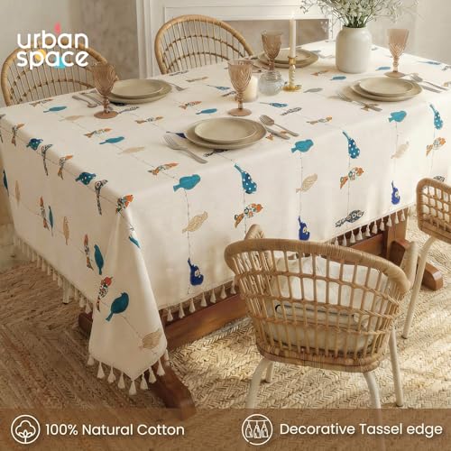 Image of Urban Space 100% Cotton Dining Table Cover 4 Seater, Printed Cotton Table Cloth for Center Table, Table Cover with Tassels (High Bird Blue, 4 Seater - 48 inch x 72 inch)